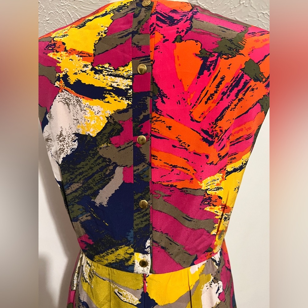 Tibi New York Silk Abstract Print Mini Dress Button Shoulder - Picture 7 of 11